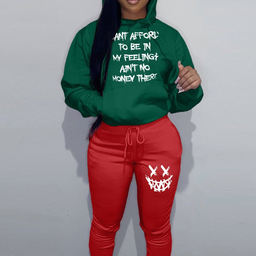 Damen lässiges Hoodie und Jogginghose Set mit einzigartigem Schriftzug und kreativen Motiven Drune