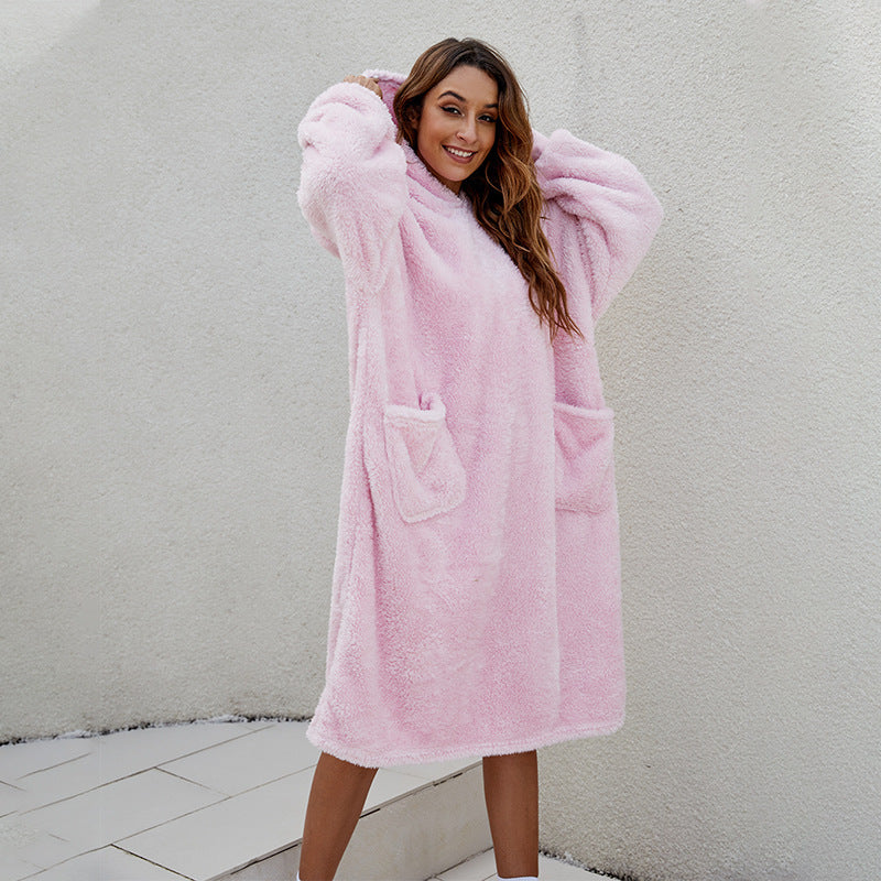 Damen gemütliches Fleece-Hoodie-Kleid mit praktischen Taschen und großer Kapuze Drune