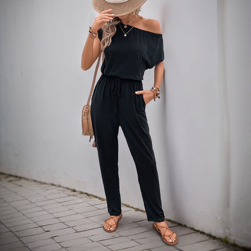 Damen lässiger Einteiler mit off-Shoulder Design und elastischem Taillenzug Drune