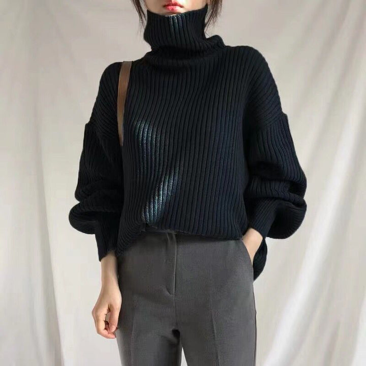 Damen Grobstrickpullover mit hohem Kragen und voluminösen Ärmeln Drune