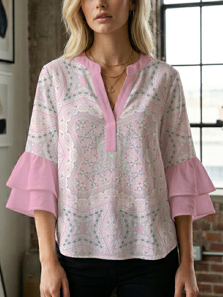 Damen Bluse mit voluminösen Rüschenärmeln und kreativem Floraldesign Drune