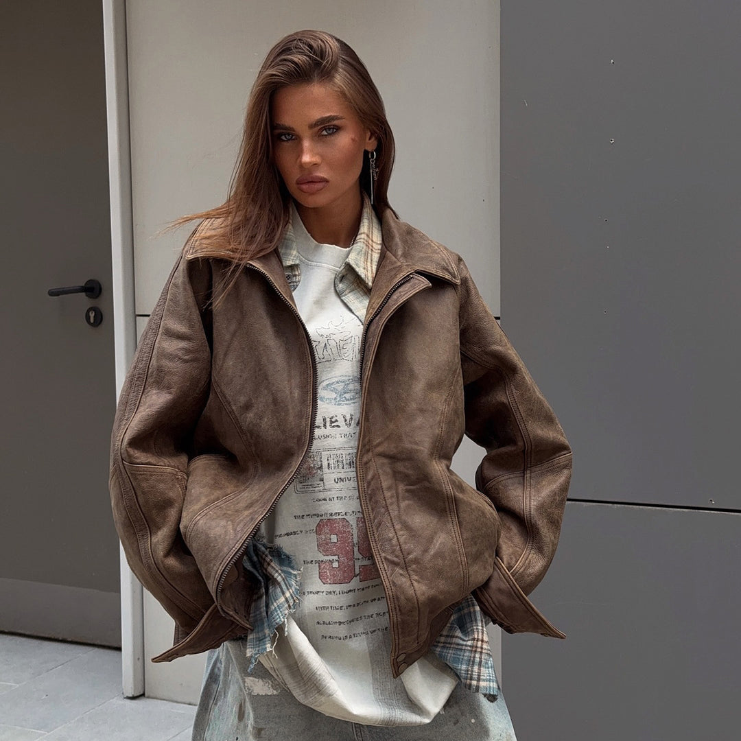 Damen Lederjacke mit lässigem Schnitt und oversized Passform Drune