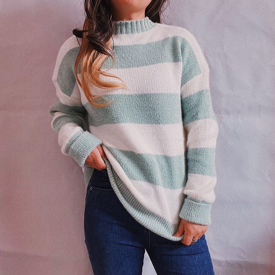 Damen Strickpullover mit modernen Blockstreifen und hohem Kragen Drune