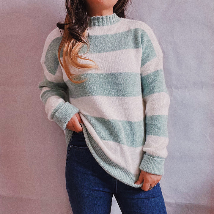 Damen Strickpullover mit modernen Blockstreifen und hohem Kragen Drune