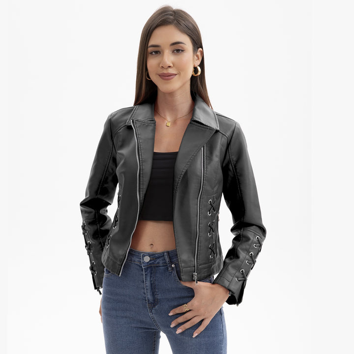 Damen modische Kunstlederjacke mit raffinierten Schnürdetails Drune