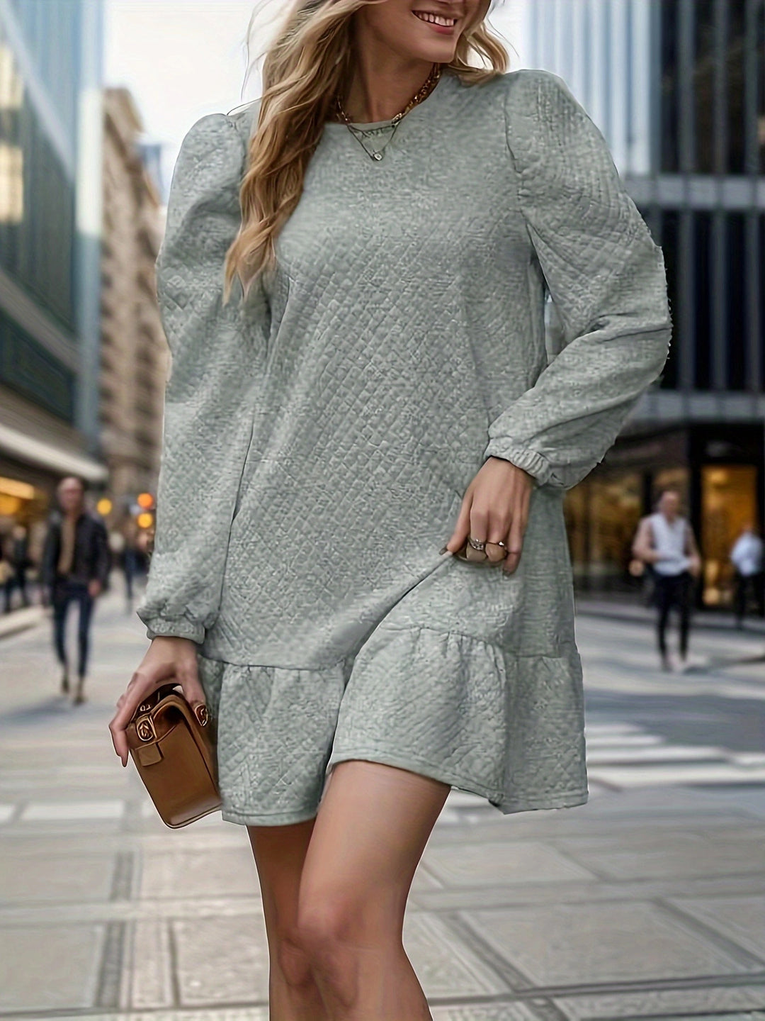 Damen lässiges Sweatkleid mit Rüschensaum und Puffärmeln Drune
