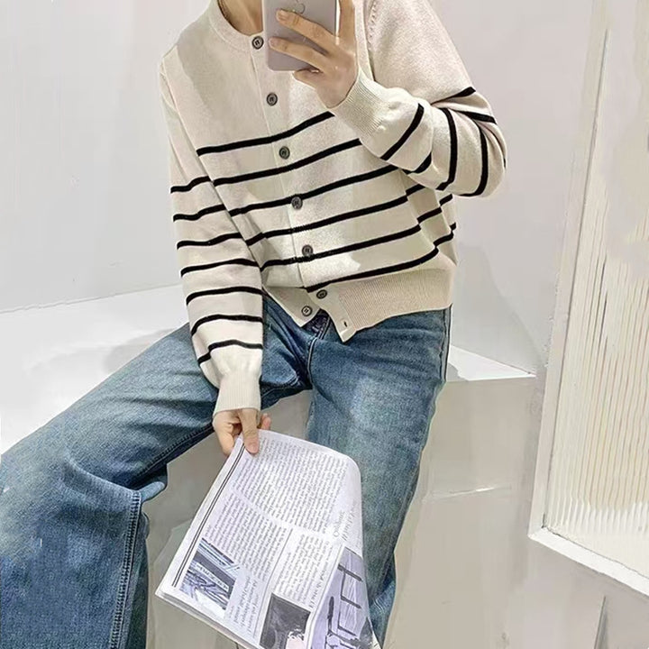 Damen lässiger Strickcardigan mit klassischen Streifen und Knopfdetails Drune