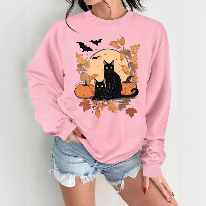 Damen Sweatshirt mit herbstlichem Katzen- und Kürbisdesign Drune