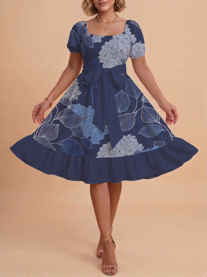 Damen Blumenkleid mit taillierbarem Gürtel und voluminösen Ärmeln Drune