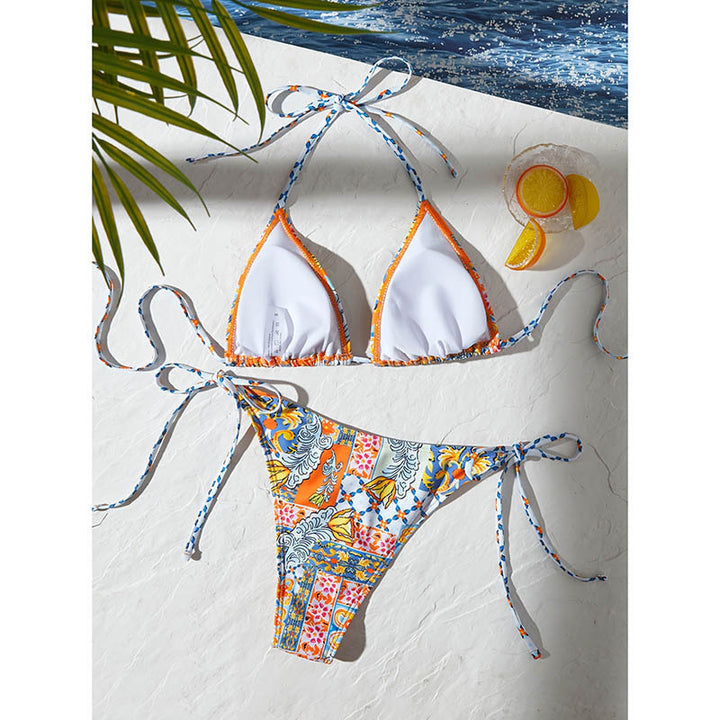 Damen Triangel-Bikini mit buntem floralen Design und verspielten Bindebändern Drune
