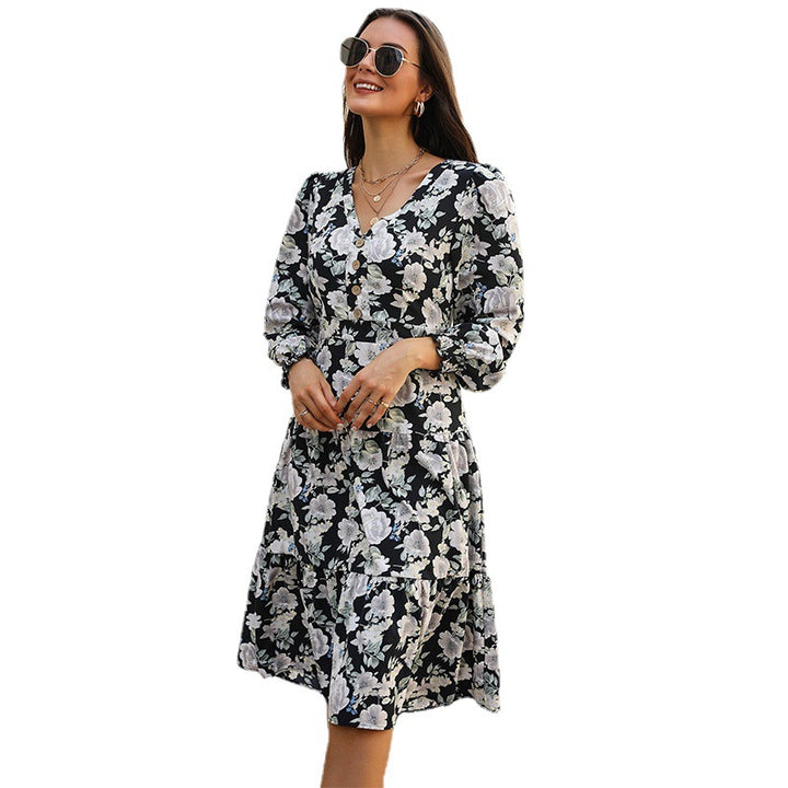 Damen Blumenkleid mit eleganten Rüschendetails und Knopfleiste Drune