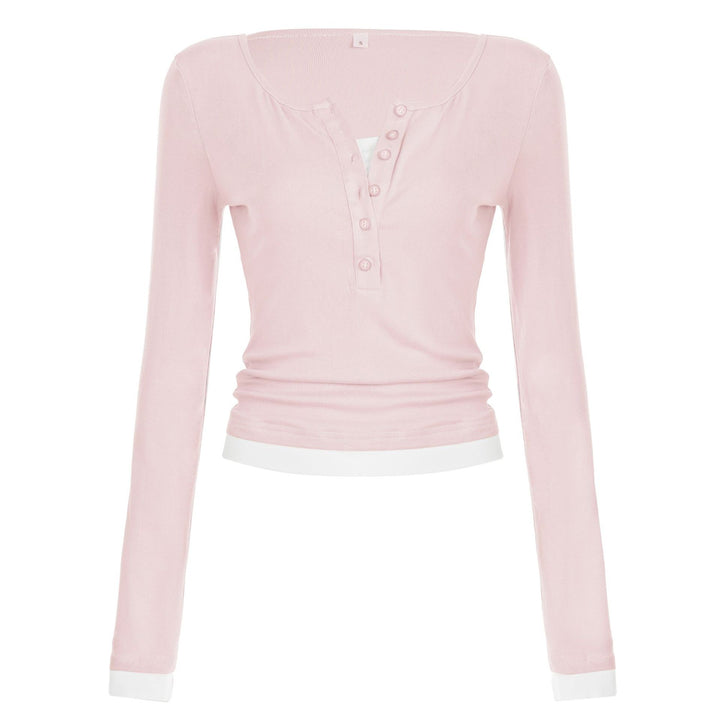 Damen nan tailliertes Henley-Crop-Longsleeve mit kontrastierenden Saum- und Ärmelbündchen Drune