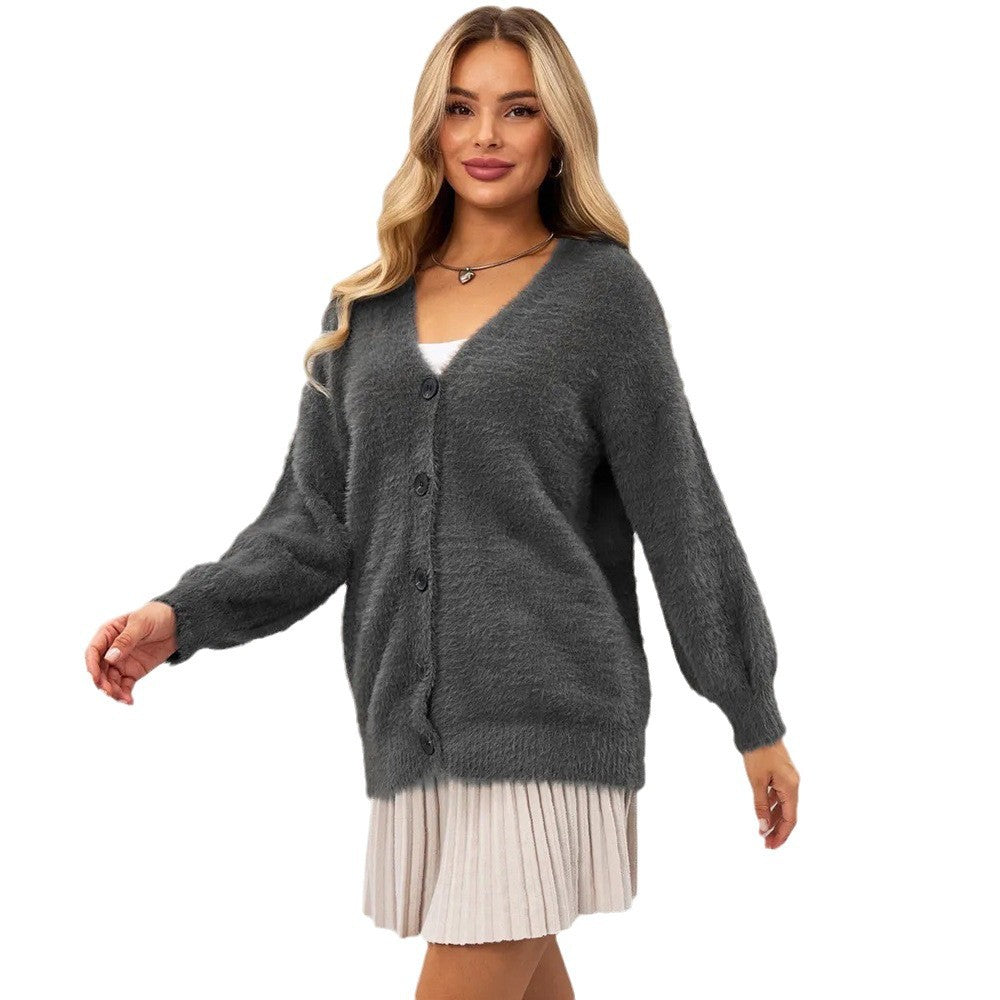 Damen Flauschiger Cardigan mit tiefem V-Ausschnitt und Knopfdetails Drune