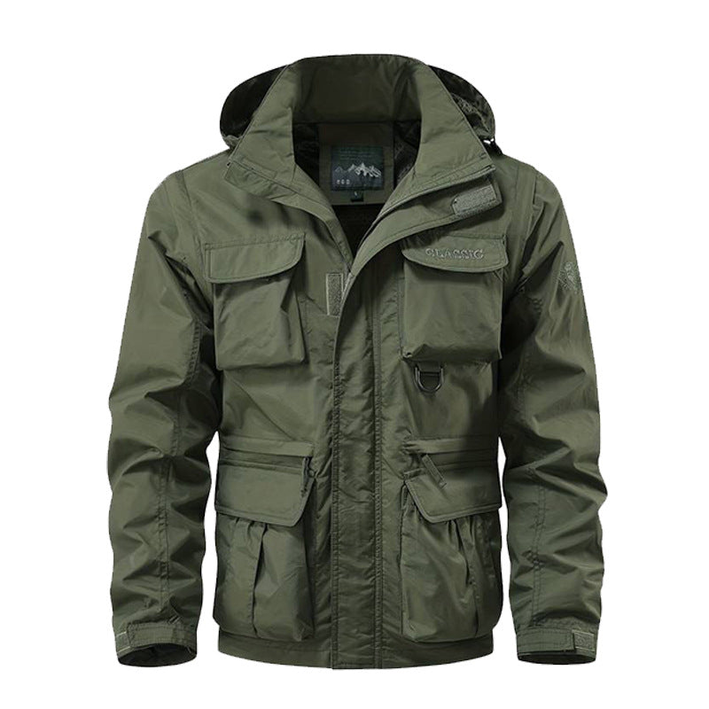 Herren nan multifunktionale Fieldjacke mit Kapuze und verstärkten Mehrfachtaschen wasserabweisendem Obermaterial und verstellbarem Saum Drune