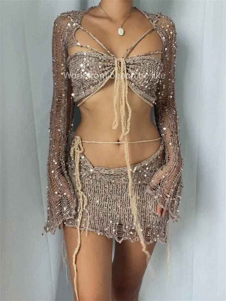 Drune | Pailletten Häkelstrick Langarm Crop Top Minirock Coord Satz