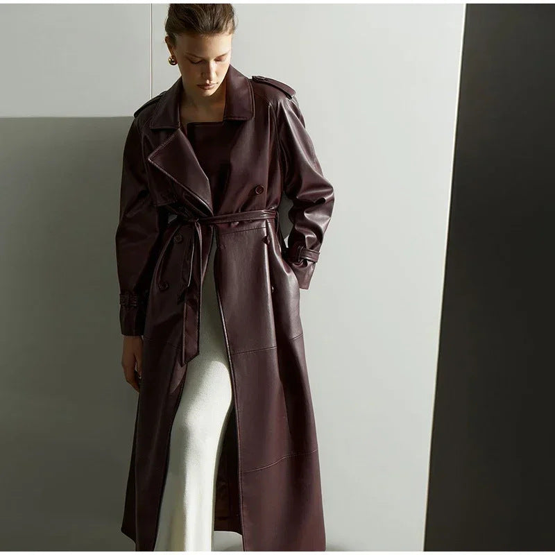 Damen Modischer Kunstleder-Trenchcoat mit Gürtel Drune