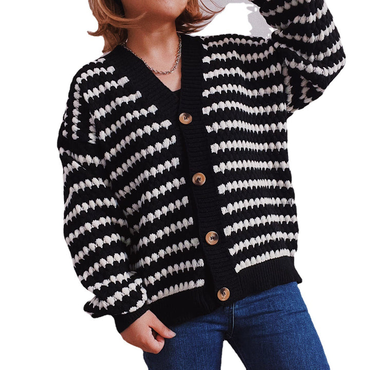 Damen Oversize Strickjacke im modischen Streifenlook mit Holzknopfdetails Drune