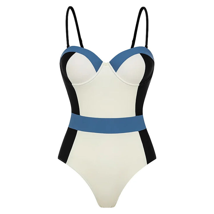 Damen High-Waist Einteiler Badeanzug mit modernem Schnitt und verspielten Farbblockelementen Drune