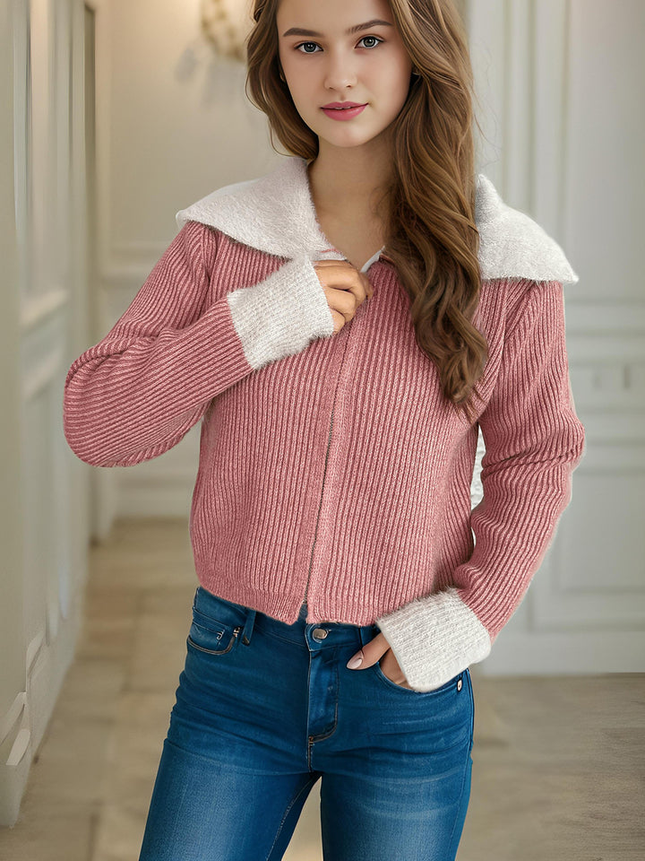 Damen bequeme Strickjacke mit praktischen Reißverschluss-Details und modernen Puffärmeln Drune