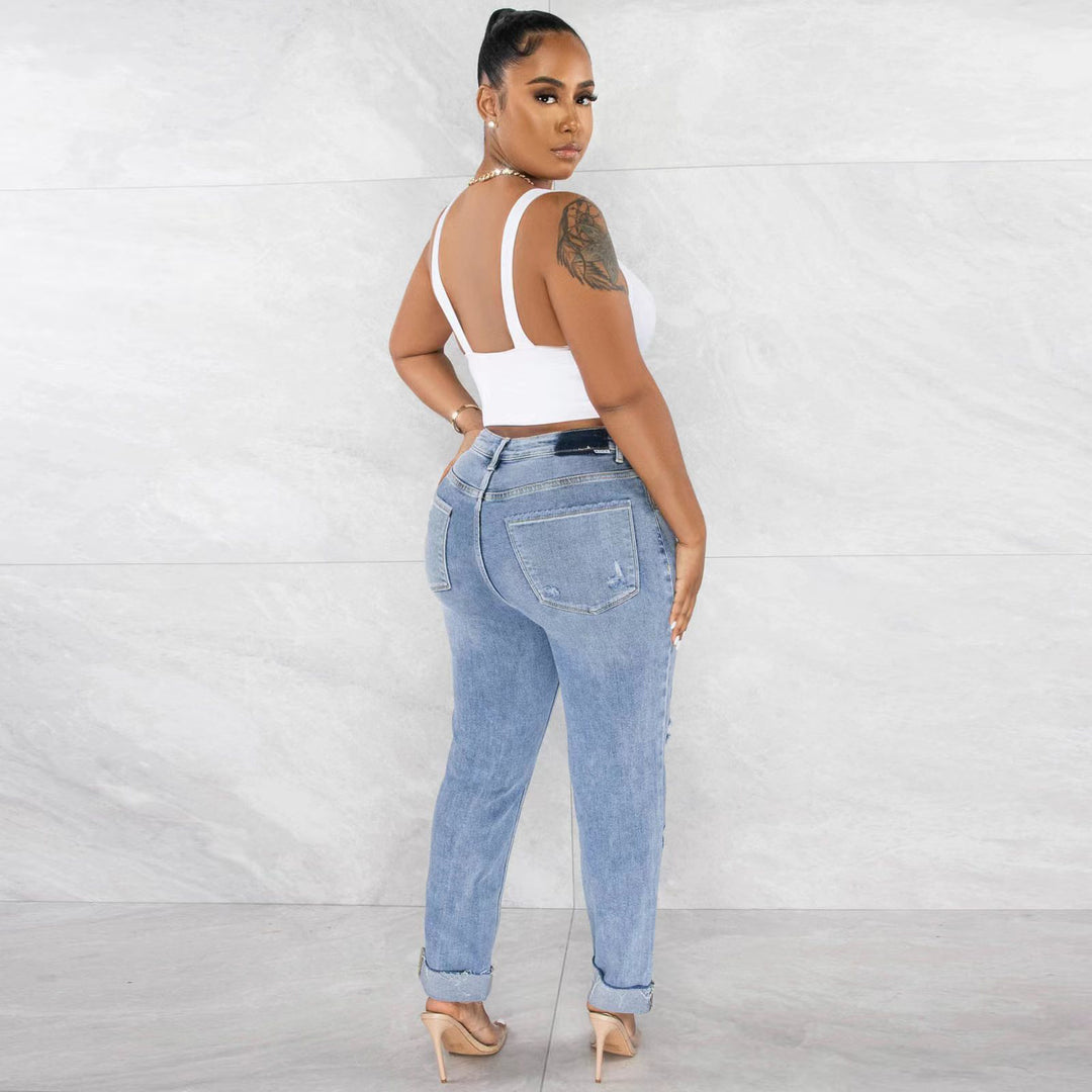 Damen High-Waist Boyfriend Jeans mit ausgefranstem Saum und lässigem Used-Look Drune