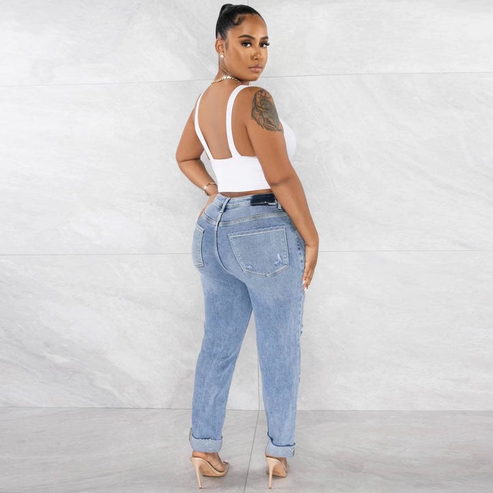 Damen High-Waist Boyfriend Jeans mit ausgefranstem Saum und lässigem Used-Look Drune