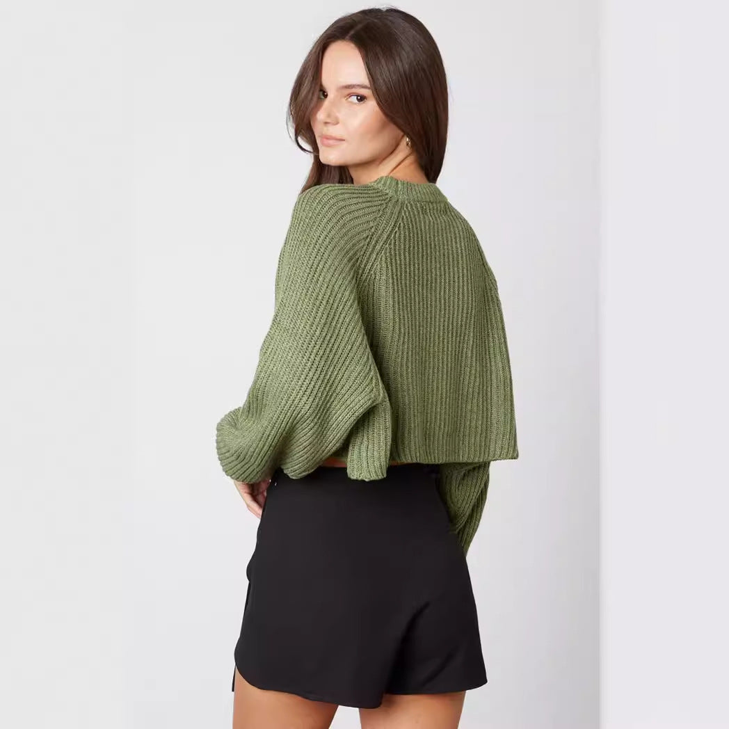 Damen trendiger, kurzer Strickpullover mit Rippenstruktur und überschnittenen Schultern Drune