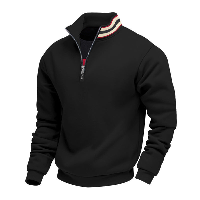 Herren nan Stehkragen-Halbzip-Sweatshirt aus Baumwollfleece mit Kontraststreifen am Kragen und gerippten Bündchen Drune