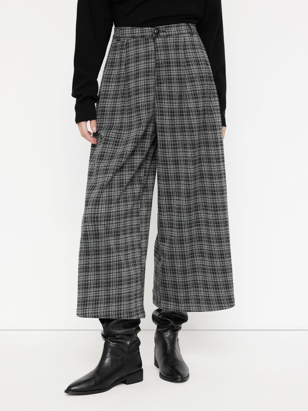 Damen weit geschnittene Karohose mit hochgerundetem Bund Drune