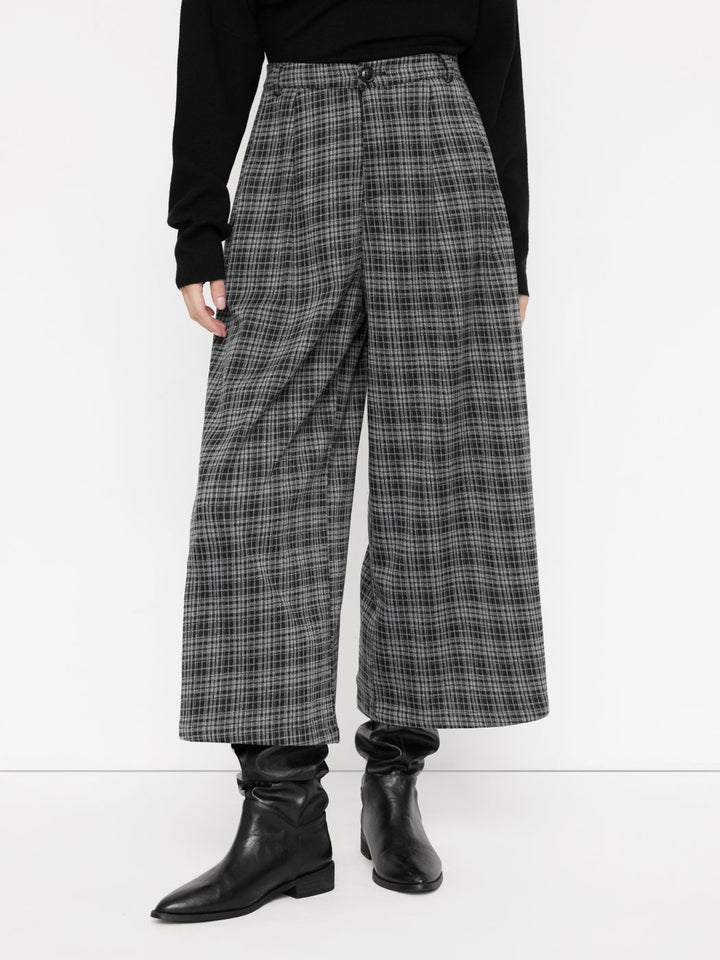 Damen weit geschnittene Karohose mit hochgerundetem Bund Drune