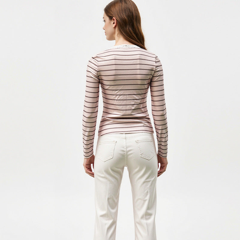 Damen Langarmshirt mit modischen Rüschendetails und gestreiftem Design Drune