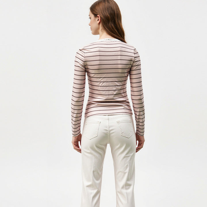 Damen Langarmshirt mit modischen Rüschendetails und gestreiftem Design Drune