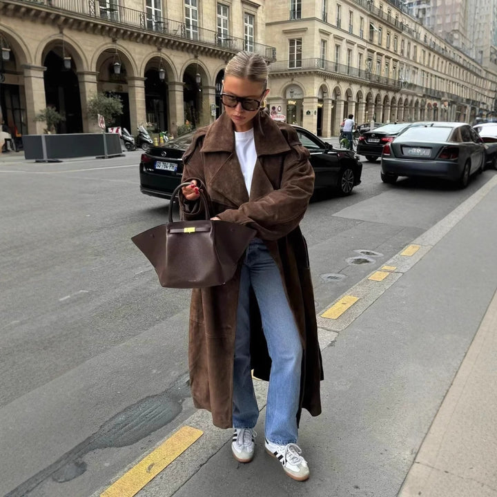 Damen modische Trenchjacke mit tailliertem Schnitt und abnehmbarem Gürtel Drune