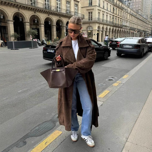Damen modische Trenchjacke mit tailliertem Schnitt und abnehmbarem Gürtel Drune
