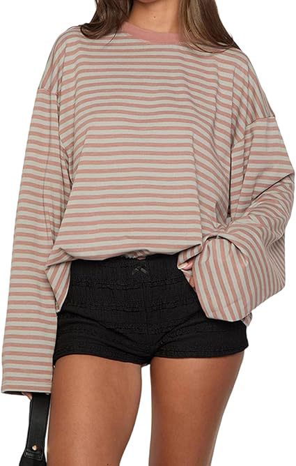 Damen bequemes Streifen-T-Shirt mit langen Ärmeln Drune