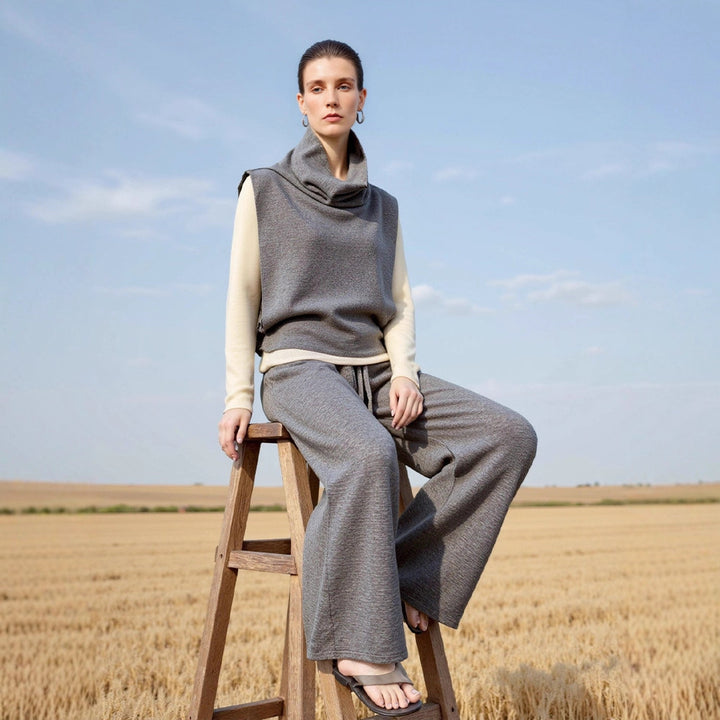 Damen Modischer Strickpullover mit hohem Kragen und weiten Hosen Drune