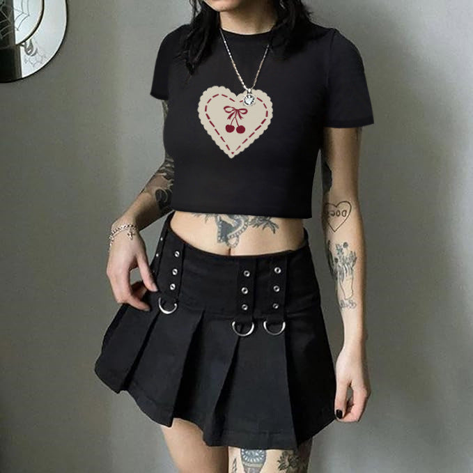 Damen Crop-T-Shirt mit verspieltem Kirschmotiv und elegantem Schleifenprint Drune
