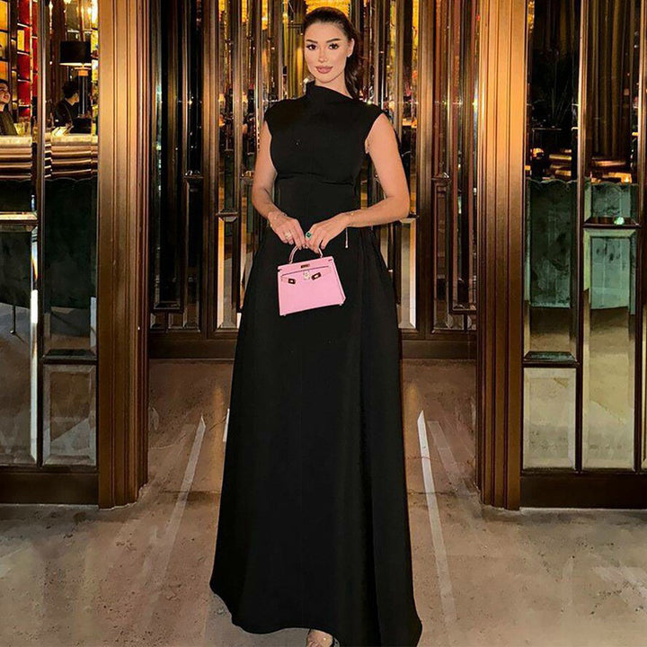 Damen Maxi-Abendkleid mit elegantem Stehkragen und schwingendem Rock Drune