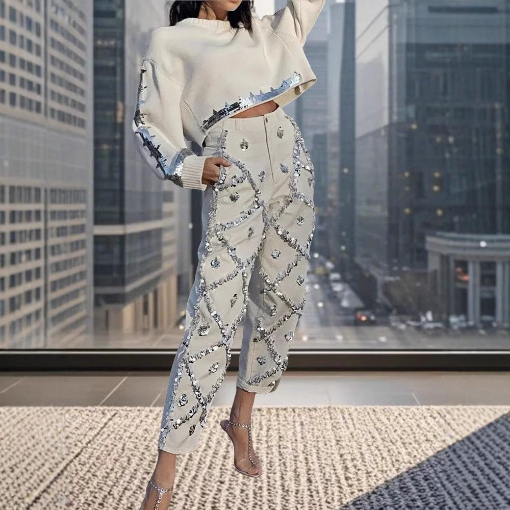 Damen modischer cropped Pullover mit Pailletten Drune
