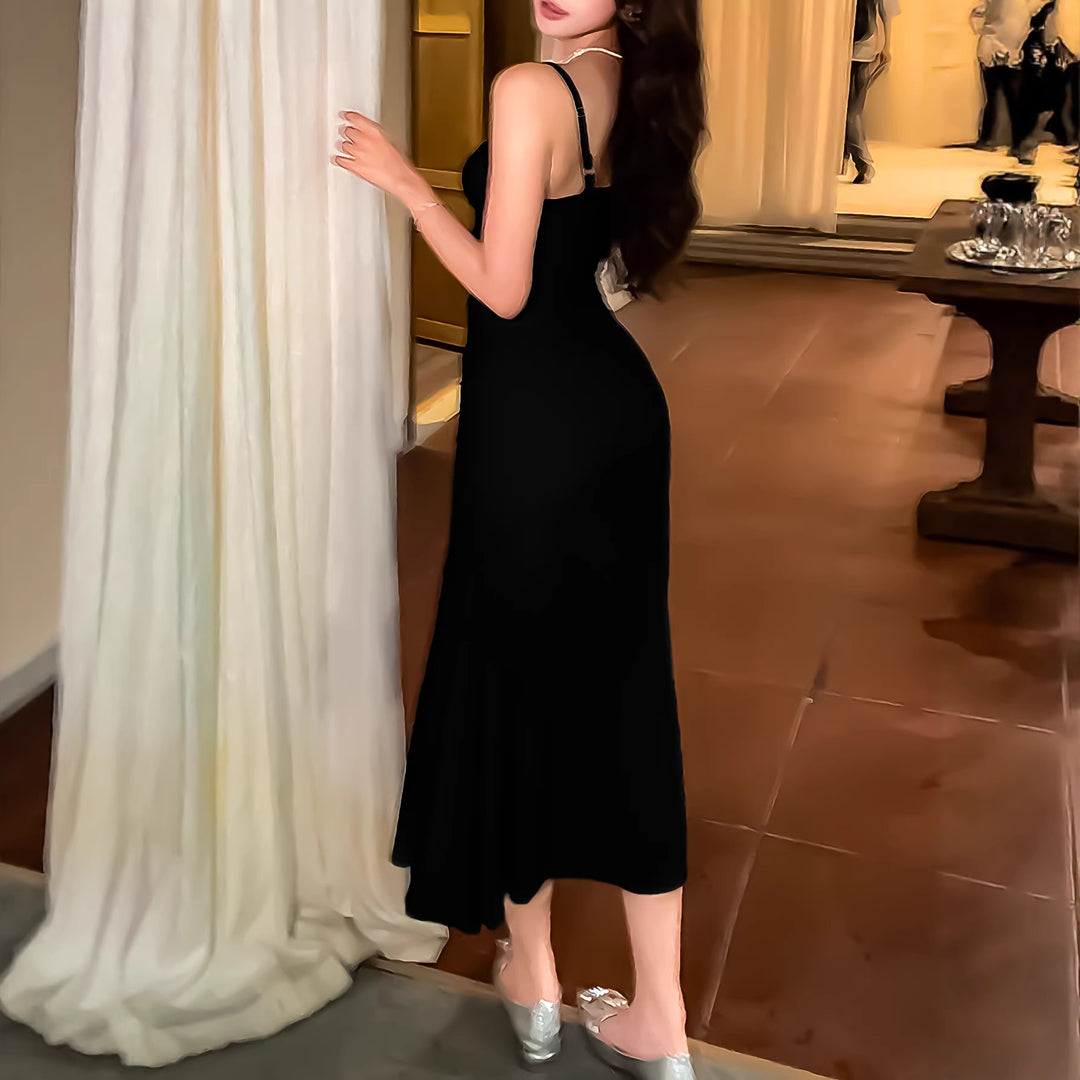 Damen langes Wickelkleid mit eleganter Silhouette und spaghettiträgen Drune
