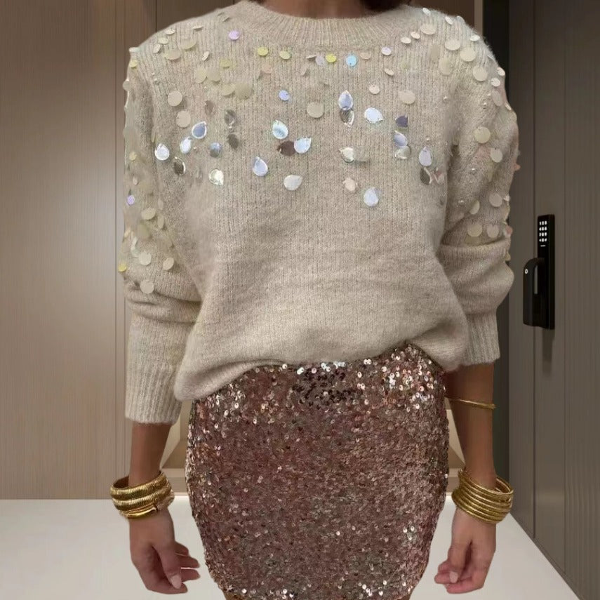 Damen Glitzernder Pullover mit eleganter Pailletten-Detail und lässiger Passform Drune