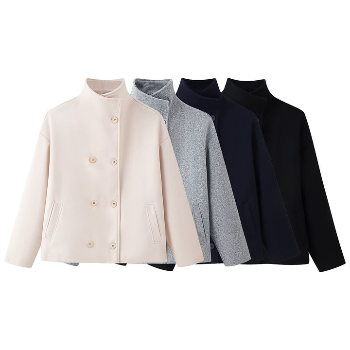 Damen modische Wolljacke mit hohem Kragen und doppelter Knopfleiste Drune