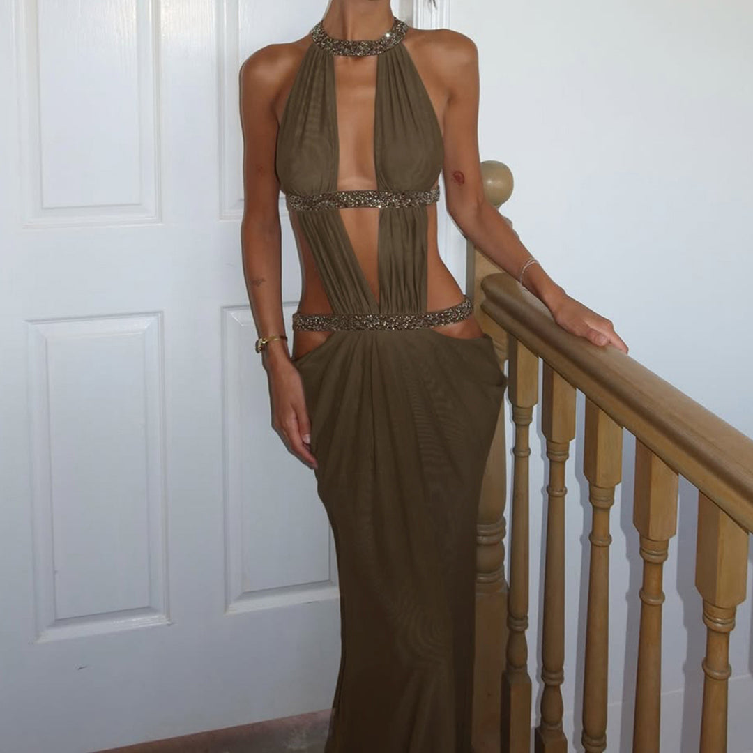 Damen Maxikleid mit tiefem V-Ausschnitt und elegantem Rückendetail Drune