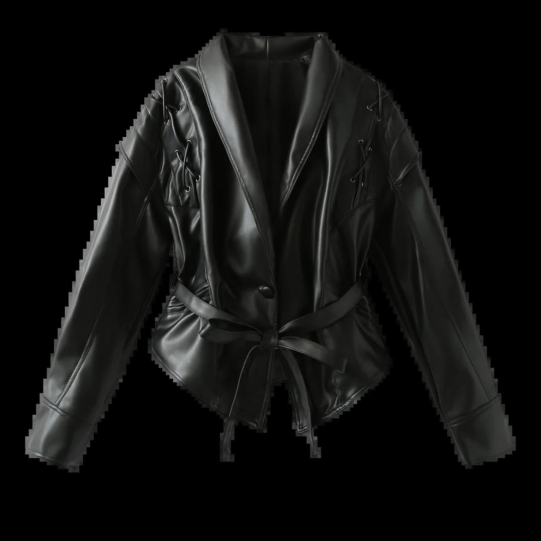 Damen Kunstlederblazer im modernem Design mit praktischem Gürtel Drune
