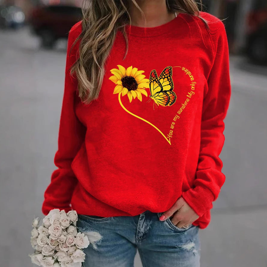 Damen Sweatshirt mit grafischem Schmetterlings- und Sonnenblumenmotiv Drune