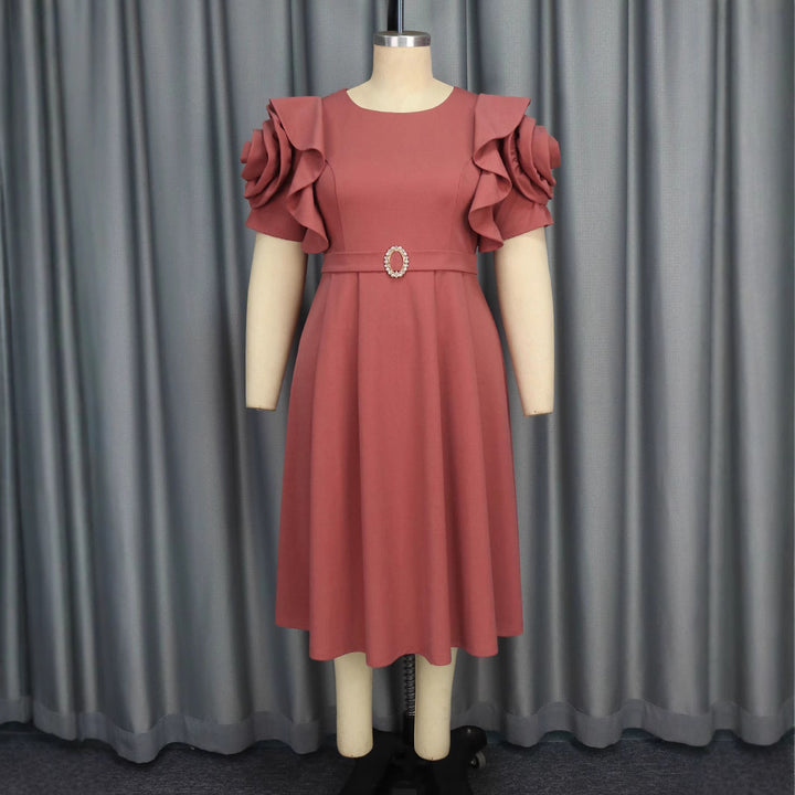 Damen Elegantes Midi-Kleid mit voluminösen Rüschenärmeln und funkelndem Schmuckdetail Drune
