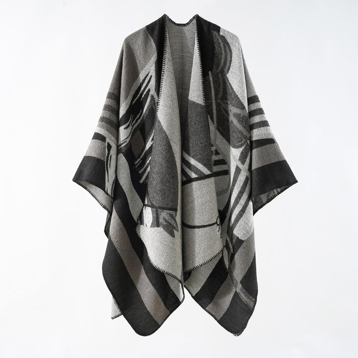 Damen eleganter Strickponcho mit kunstvollem Muster und feinen Fransen Drune