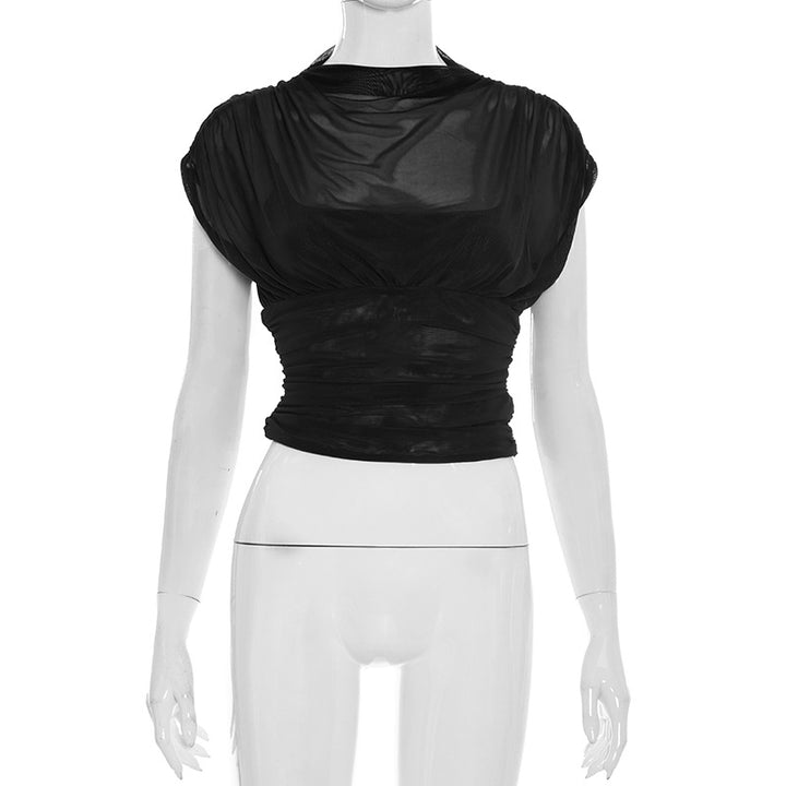 Damen elegantes Oberteil mit modischen Raffungen und transparentem Stoff Drune