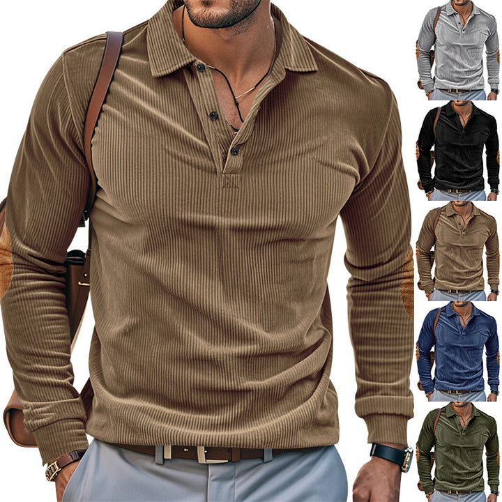 Herren nan schwerer gerippter Baumwoll-Polo-Pullover mit Kentkragen dreifach-Knopfleiste und Wildleder-Ellenbogenpatches Drune