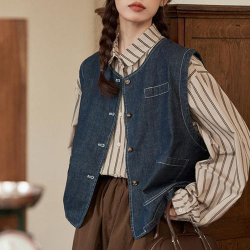 Damen Denim-Weste mit Knopfverschluss und Taschen Drune