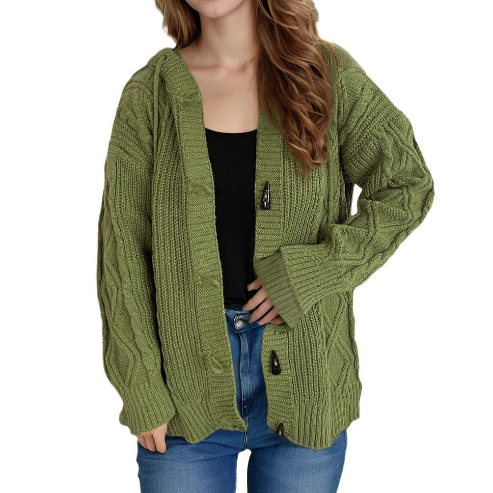 Damen Grobstrick-Kapuzen-Cardigan mit dekorativem Zopfmuster Drune